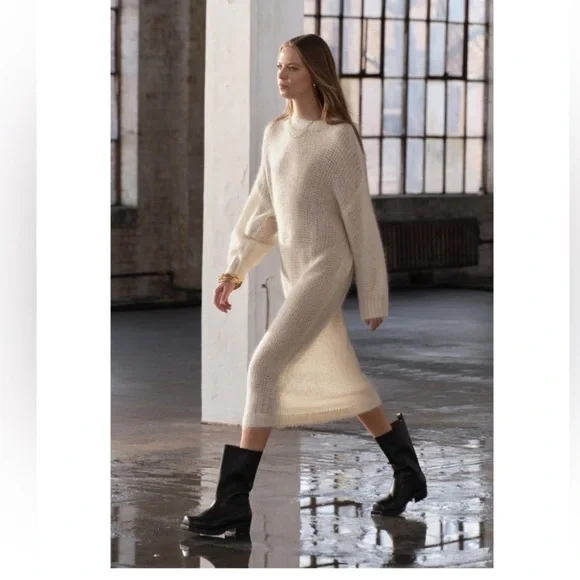 Zara Cream Long Sleeve Knit alpaca blend Dress - Picture 2 of 9